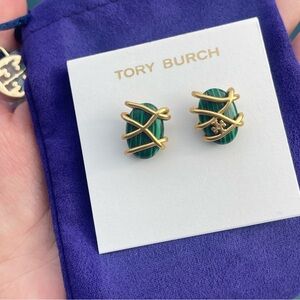 $148 New Tory Burch Roxanne Semi Precious Malachite Wrapped Stud Earrings